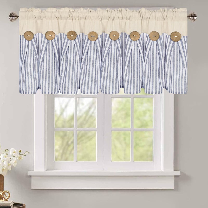 ASPMIZ Cotton Linen Kitchen Valance Curtains, Boho Rustic Button Valances for Windows Farmhouse Style, Blue Stripe Window Valances for Bathroom Cafe, Tie Up Valance for Kitchen Windows, 52 x 18 Inch - Image 1