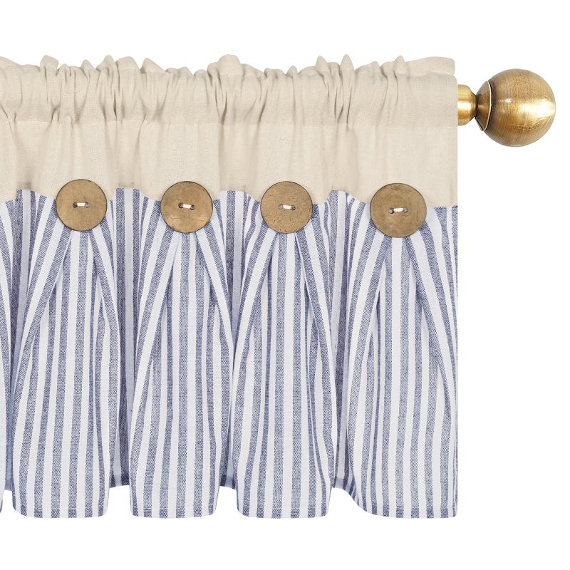 ASPMIZ Cotton Linen Kitchen Valance Curtains, Boho Rustic Button Valances for Windows Farmhouse Style, Blue Stripe Window Valances for Bathroom Cafe, Tie Up Valance for Kitchen Windows, 52 x 18 Inch - Image 2
