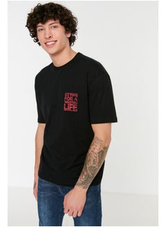 Black Men's Relaxed/Casual Cut Crew Neck Text Printed  T-Shirt