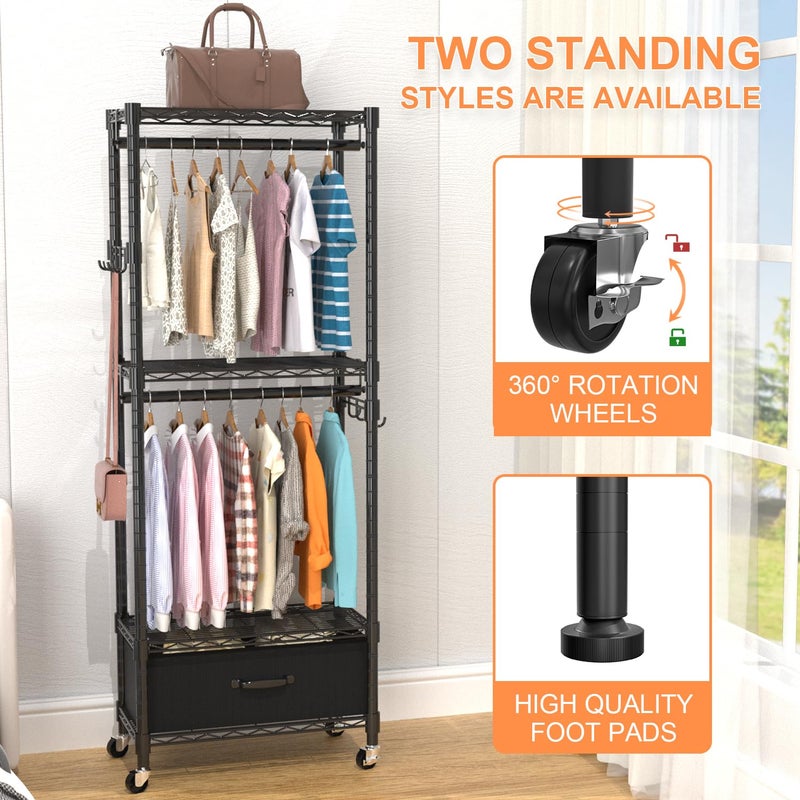 VyGrow Clothes Rack, Clothing Rack for Hanging Clothes, 4 Tiers Adjustable Closet Organizer System with Drawer | Double Rods | Side Hooks | Load 445lbs | 23" L x 13.18" W x 78.74" H | Black - Image 5