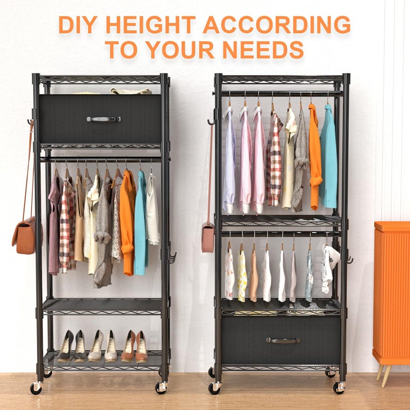 VyGrow Clothes Rack, Clothing Rack for Hanging Clothes, 4 Tiers Adjustable Closet Organizer System with Drawer | Double Rods | Side Hooks | Load 445lbs | 23" L x 13.18" W x 78.74" H | Black - Image 4