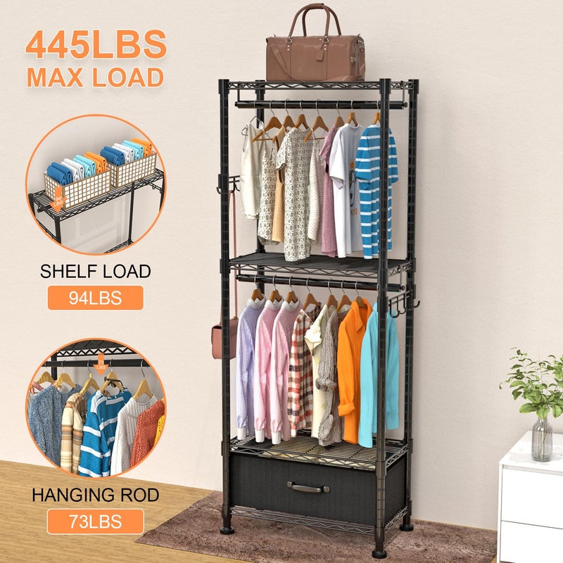 VyGrow Clothes Rack, Clothing Rack for Hanging Clothes, 4 Tiers Adjustable Closet Organizer System with Drawer | Double Rods | Side Hooks | Load 445lbs | 23" L x 13.18" W x 78.74" H | Black - Image 3