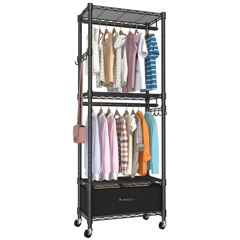 VyGrow Clothes Rack, Clothing Rack for Hanging Clothes, 4 Tiers Adjustable Closet Organizer System with Drawer | Double Rods | Side Hooks | Load 445lbs | 23" L x 13.18" W x 78.74" H | Black - Image 1