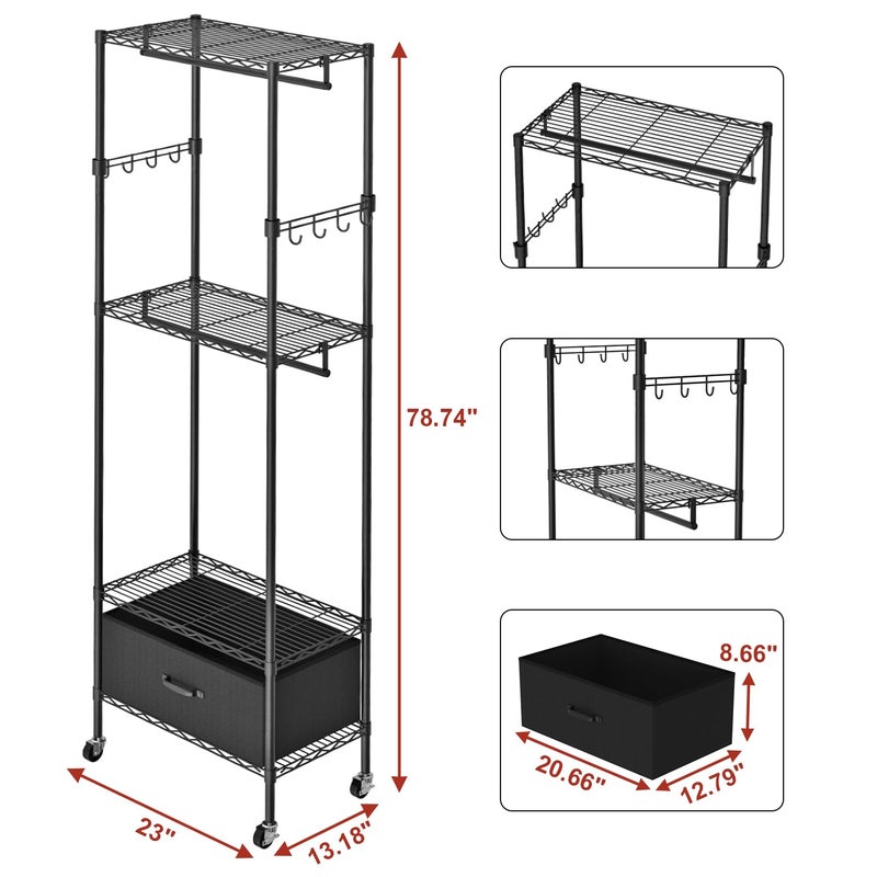 VyGrow Clothes Rack, Clothing Rack for Hanging Clothes, 4 Tiers Adjustable Closet Organizer System with Drawer | Double Rods | Side Hooks | Load 445lbs | 23" L x 13.18" W x 78.74" H | Black - Image 2