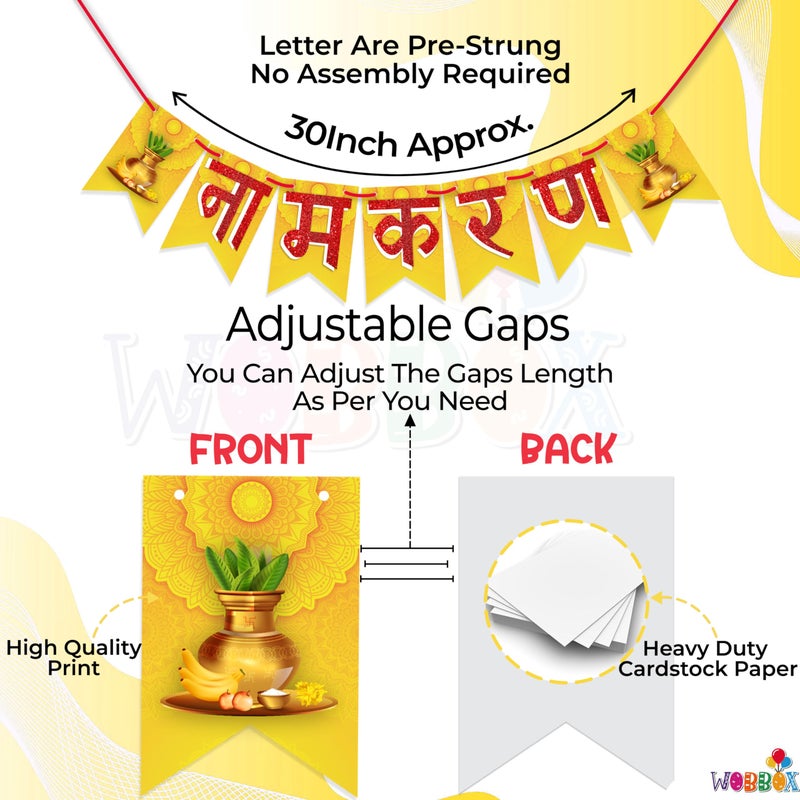 WOBBOX Naming Ceremony Bunting Banner Hindi Font "Namkaram" Yellow & Golden Color, Naming Ceremony Decoration Kit, Naming Ceremony Decoration Item - Image 3