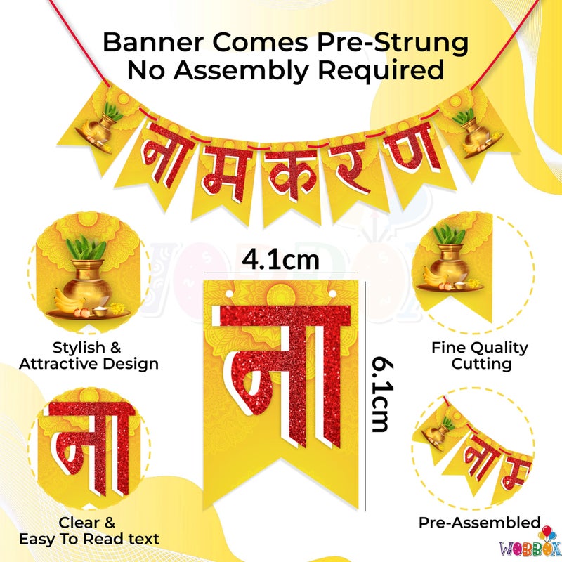 WOBBOX Naming Ceremony Bunting Banner Hindi Font "Namkaram" Yellow & Golden Color, Naming Ceremony Decoration Kit, Naming Ceremony Decoration Item - Image 2
