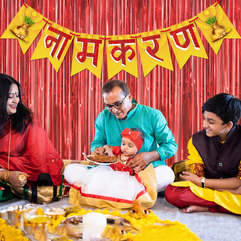WOBBOX Naming Ceremony Bunting Banner Hindi Font "Namkaram" Yellow & Golden Color, Naming Ceremony Decoration Kit, Naming Ceremony Decoration Item - Image 5