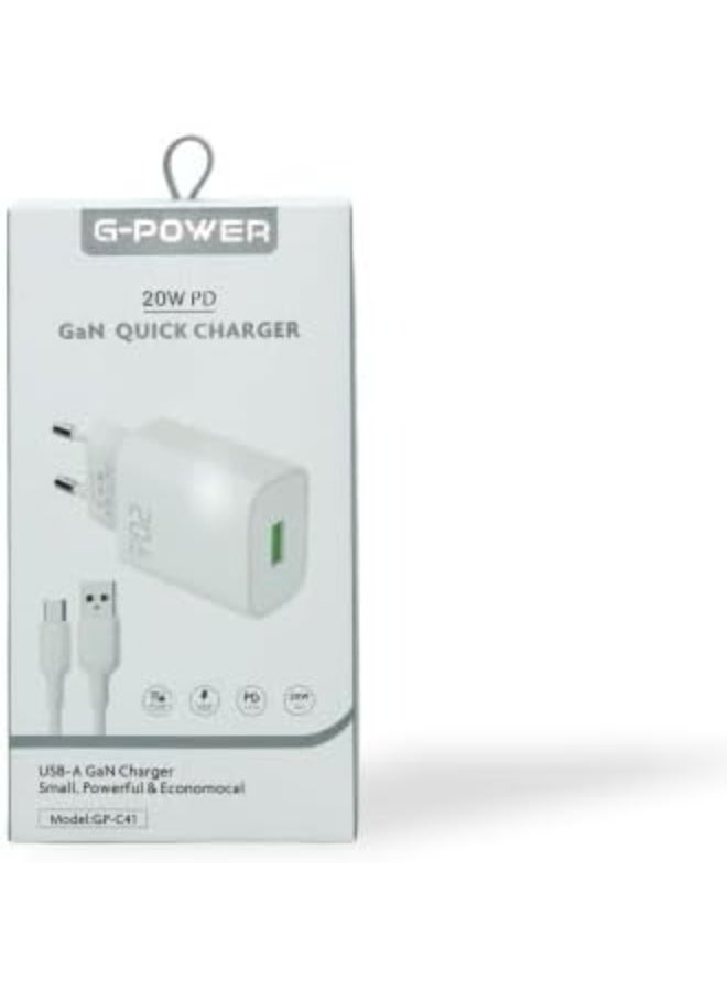 جي باور شاحن جداري سريع بتقنية PD بقدرة 20 واط مع كابل شحن USB-C، يدعم الشحن السريع عبر USB-C للأجهزة الأخرى المتوافقة مع USB-C - صغير الحجم وآمن ومناسب للسفر - Image 3