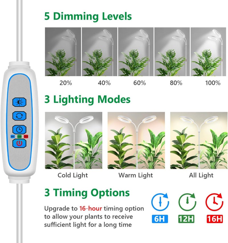 Aumtrly Large Plant Light for Indoor Plants, 2 Head Full Spectrum Grow Light with 68" Adjustable Stand for Growing Large Tall Plants, White Halo Floor LED Grow Lamp with 16 Hour Timer - Image 2