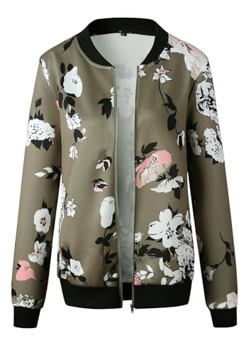 ECOWISH Women's Casual Floral Zip Up Bomber Jacket Coat Lightweight Short Camo No Lining Outwear Tops Windbreaker with Pocket 333Army Green Large - Image 5