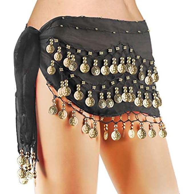 rayihni Belly Dance Hip Scarf Womens Chiffon Belly Dancing Scarf with 128 Coins for Yoga Class - Image 1
