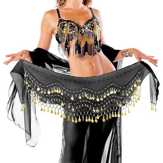 rayihni Belly Dance Hip Scarf Womens Chiffon Belly Dancing Scarf with 128 Coins for Yoga Class - Image 4