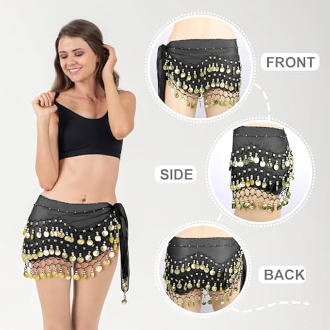 rayihni Belly Dance Hip Scarf Womens Chiffon Belly Dancing Scarf with 128 Coins for Yoga Class - Image 3