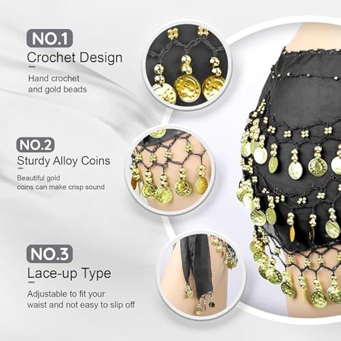 rayihni Belly Dance Hip Scarf Womens Chiffon Belly Dancing Scarf with 128 Coins for Yoga Class - Image 2