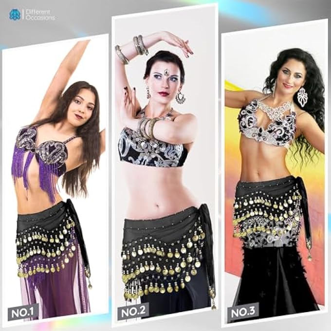rayihni Belly Dance Hip Scarf Womens Chiffon Belly Dancing Scarf with 128 Coins for Yoga Class - Image 5