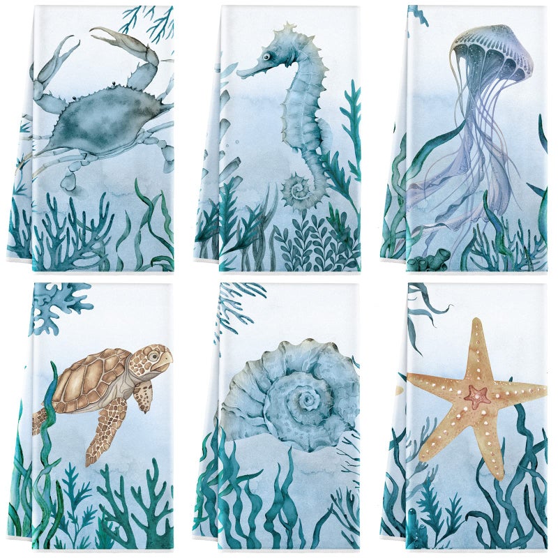 Boyiee Set of 6 Summer Beach Kitchen Towels Sea Ocean Animal Nautical Tea Towels 24 x 16 Inches Kitchen Gifts Turtle Jellyfish Seahorse Hand Dishcloth for Farmhouse Bathroom Decorations