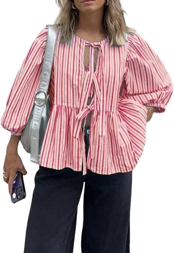 Womens Lace-Up Front Top Leopard Print Ruffled Doll Top 3/4 Length Puff Sleeve Pink Strip