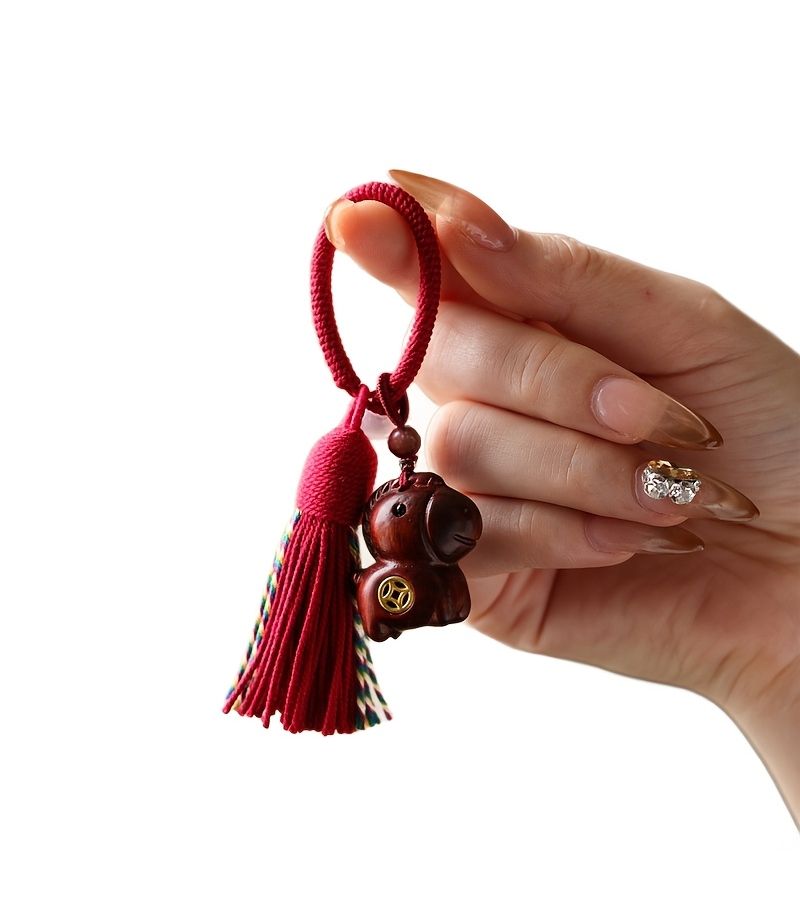 Dark Red Sandalwood Hand Carved Horse Ornament Lunar New Year Keychain Bag Pendant Gift - Image 5