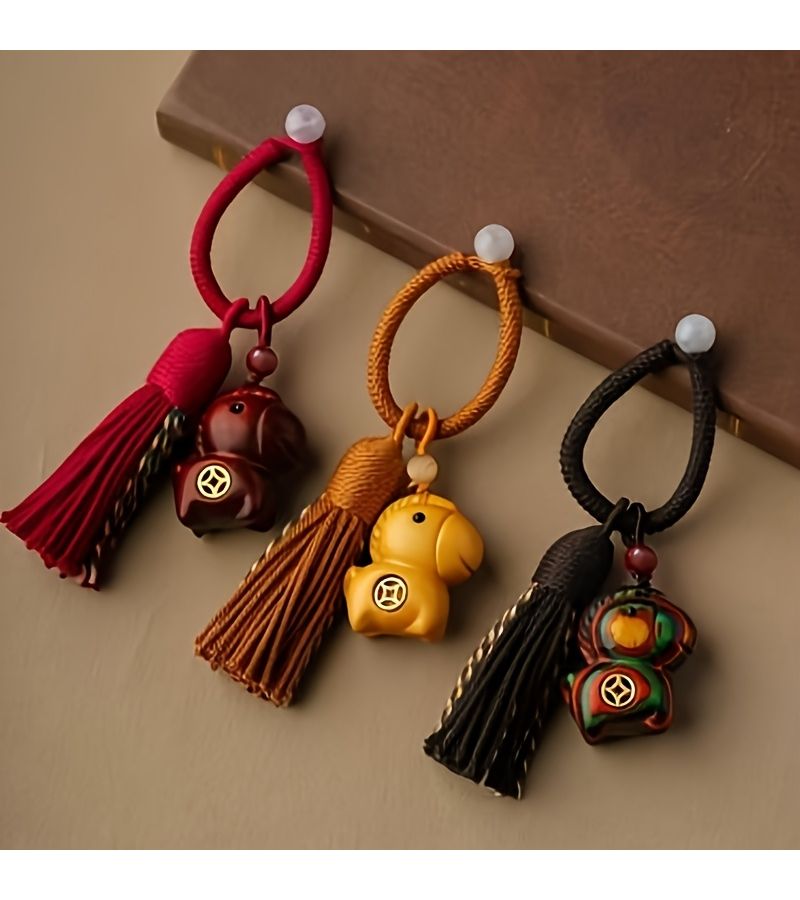 Dark Red Sandalwood Hand Carved Horse Ornament Lunar New Year Keychain Bag Pendant Gift - Image 2
