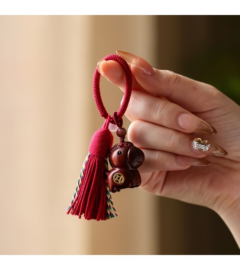 Dark Red Sandalwood Hand Carved Horse Ornament Lunar New Year Keychain Bag Pendant Gift - Image 1