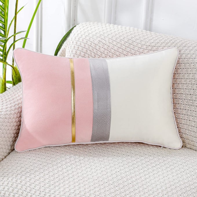 PATCHWORK PINK SILKLIKE VELVET THROW PILLOW COVER WITH GOLD STRIPED LEATHER CUSHION CASE MODERN LUXURY LUMBAR PILLOWCASE FOR SOFA COUCH BEDROOM LIVING ROOM HOME12X20 INCH