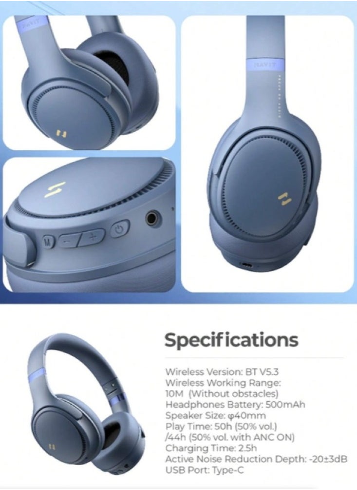 havit - Bluetooth Over-Ear Headphones with Active Noise Cancelling, Wireless 5.3V Technology, 50H Playtime, HiFi Stereo Sound, Soft Ear Pads, Built-In Mic, Foldable Design for Easy Storage, Perfect for Phone and PC Use - Blue - Image 1