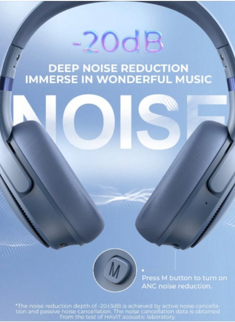 havit Bluetooth Over-Ear Headphones with Active Noise Cancelling, Wireless 5.3V Technology, 50H Playtime, HiFi Stereo Sound, Soft Ear Pads, Built-In Mic, Foldable Design for Easy Storage, Perfect for Phone and PC Use - Blue  - Image 3