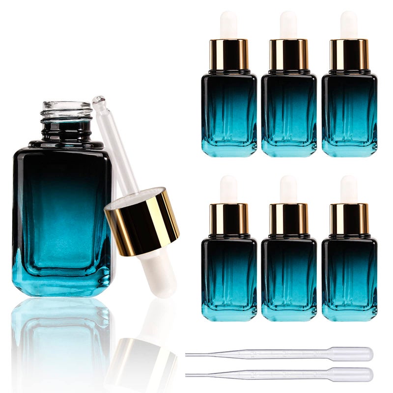COSIDEA 6pcs Empty gradient Blue Square 30ml 1oz Glass dropper bottle for Serum essence oil bottles container packing - Image 2