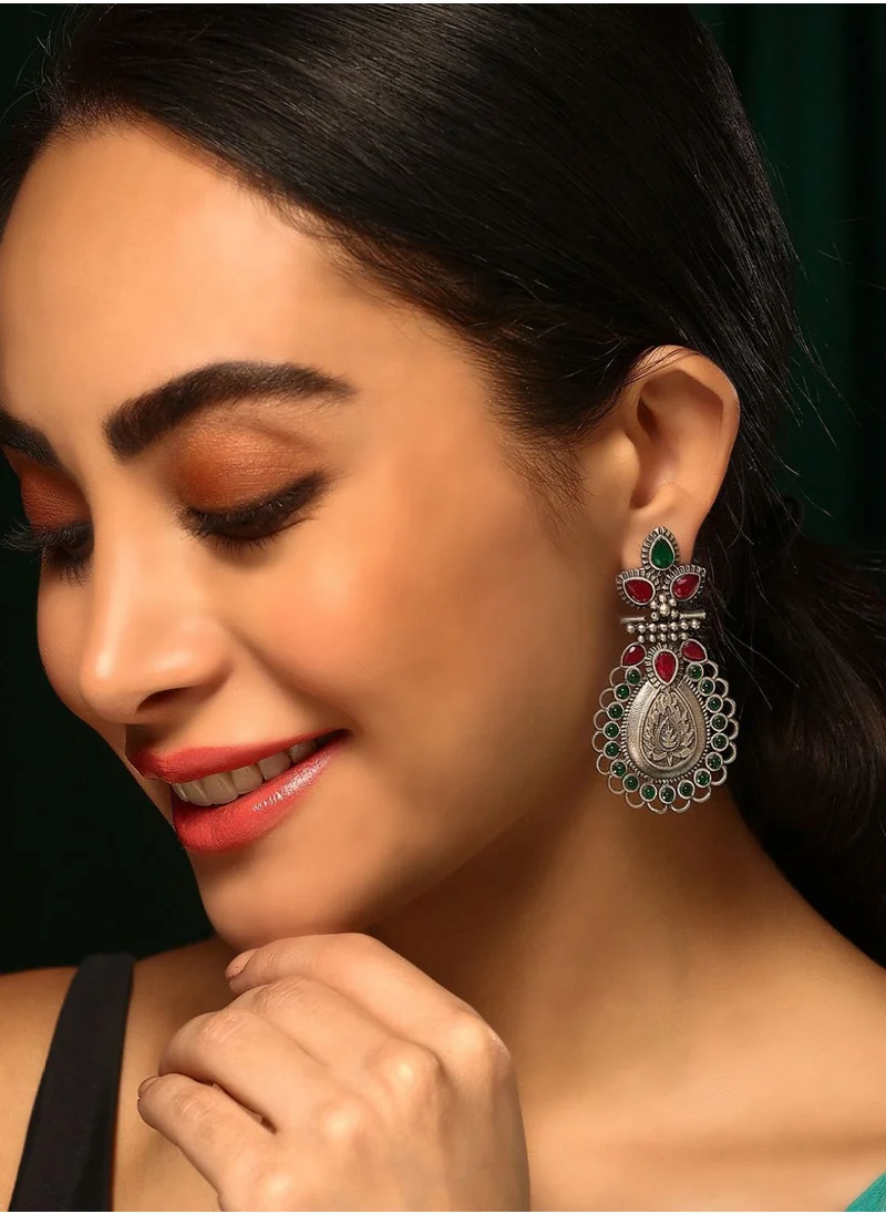 برياسي Ruby Stone Studded Contemporary Oxidised Drop Earrings