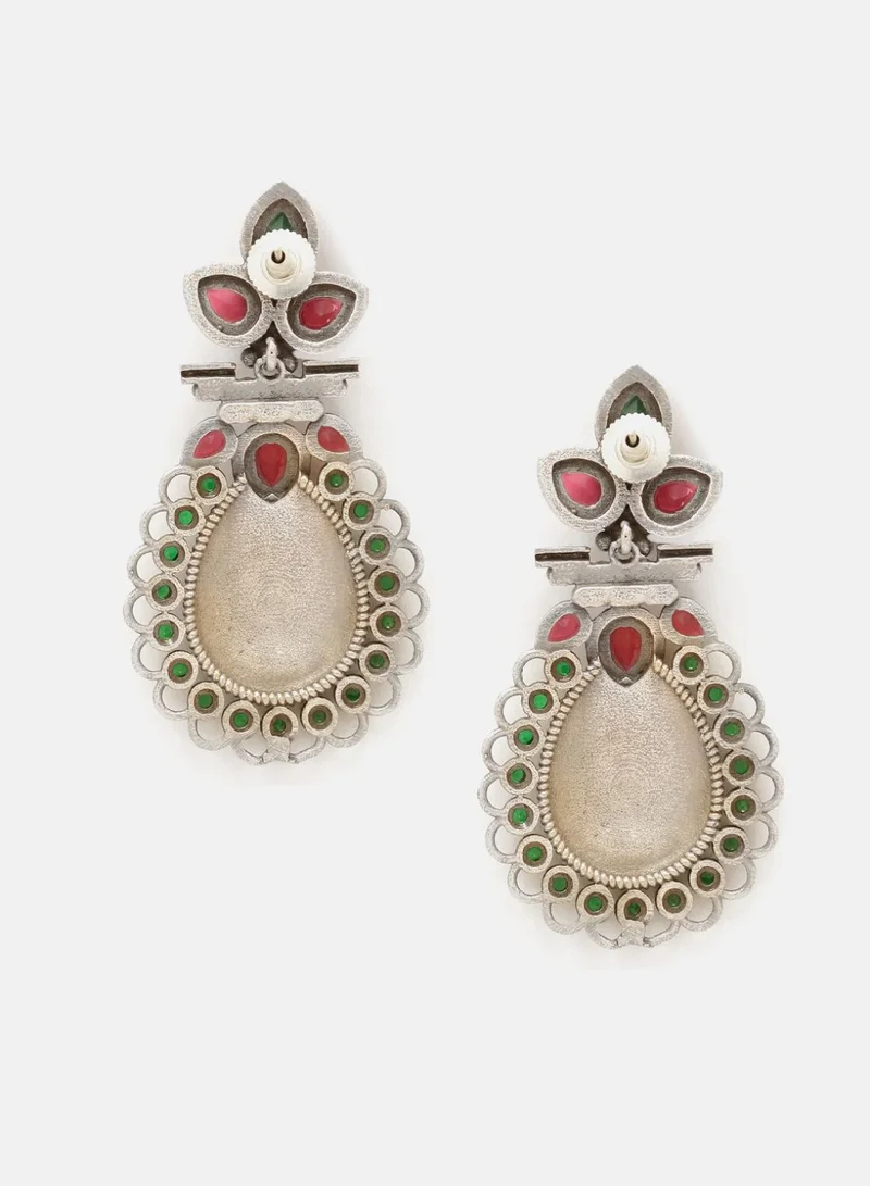 Priyaasi Ruby Stone Studded Contemporary Oxidised Drop Earrings