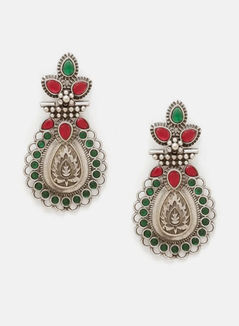 Priyaasi Ruby Stone Studded Contemporary Oxidised Drop Earrings