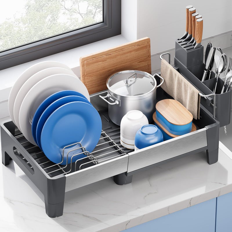 Urackify Expandable Dish Drying Rack, Stainless Steel Dish Rack with Aluminum Frame, Dish Drainer for Kitchen Counter, Space Saving Kitchen Drying Rack with Movable Utensil Holder,Gray - Image 1