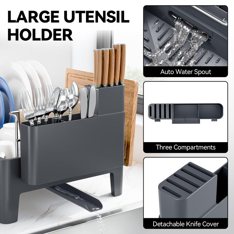 Urackify Expandable Dish Drying Rack, Stainless Steel Dish Rack with Aluminum Frame, Dish Drainer for Kitchen Counter, Space Saving Kitchen Drying Rack with Movable Utensil Holder,Gray - Image 5
