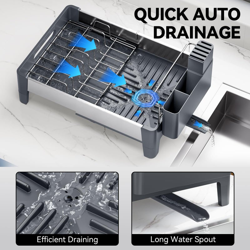 Urackify Expandable Dish Drying Rack, Stainless Steel Dish Rack with Aluminum Frame, Dish Drainer for Kitchen Counter, Space Saving Kitchen Drying Rack with Movable Utensil Holder,Gray - Image 4