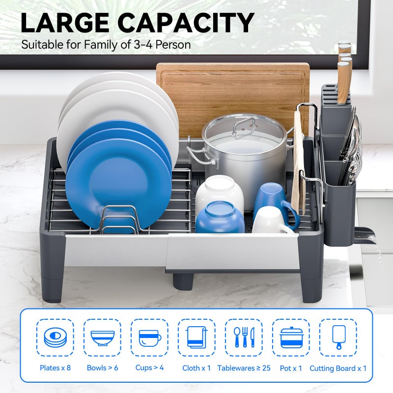 Urackify Expandable Dish Drying Rack, Stainless Steel Dish Rack with Aluminum Frame, Dish Drainer for Kitchen Counter, Space Saving Kitchen Drying Rack with Movable Utensil Holder,Gray - Image 2
