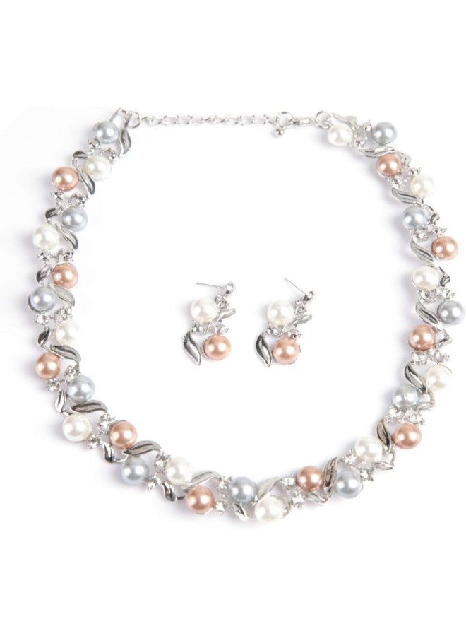 klarako Women Faux Pearl Necklace Earrings Set , Bridal Jewelry Set with Rhinestone Jewelry Gift for Lady Mother's Day(silvery white)  - Image 1