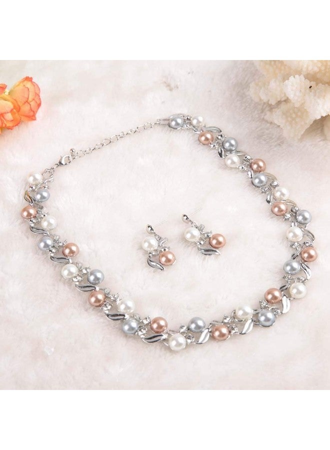 klarako Women Faux Pearl Necklace Earrings Set , Bridal Jewelry Set with Rhinestone Jewelry Gift for Lady Mother's Day(silvery white)  - Image 3
