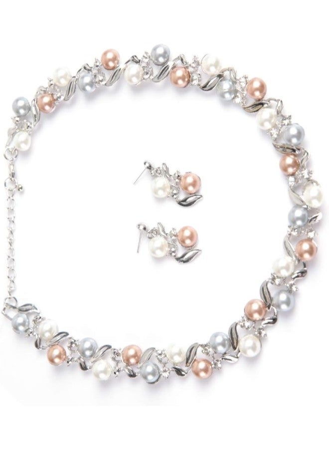 klarako Women Faux Pearl Necklace Earrings Set , Bridal Jewelry Set with Rhinestone Jewelry Gift for Lady Mother's Day(silvery white)  - Image 2