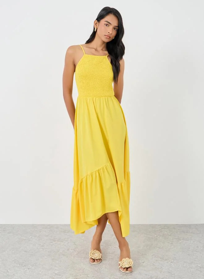 Take Two Take Two Solid Smocking Detail Ruffle Hem A-Line Midi Dress