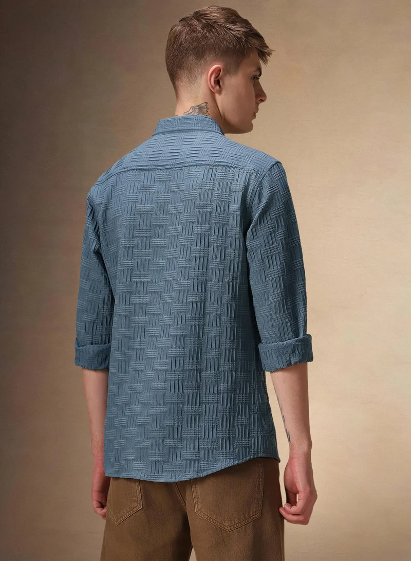 Dennis Lingo Men's Blue Cotton Blend Textured Shirt