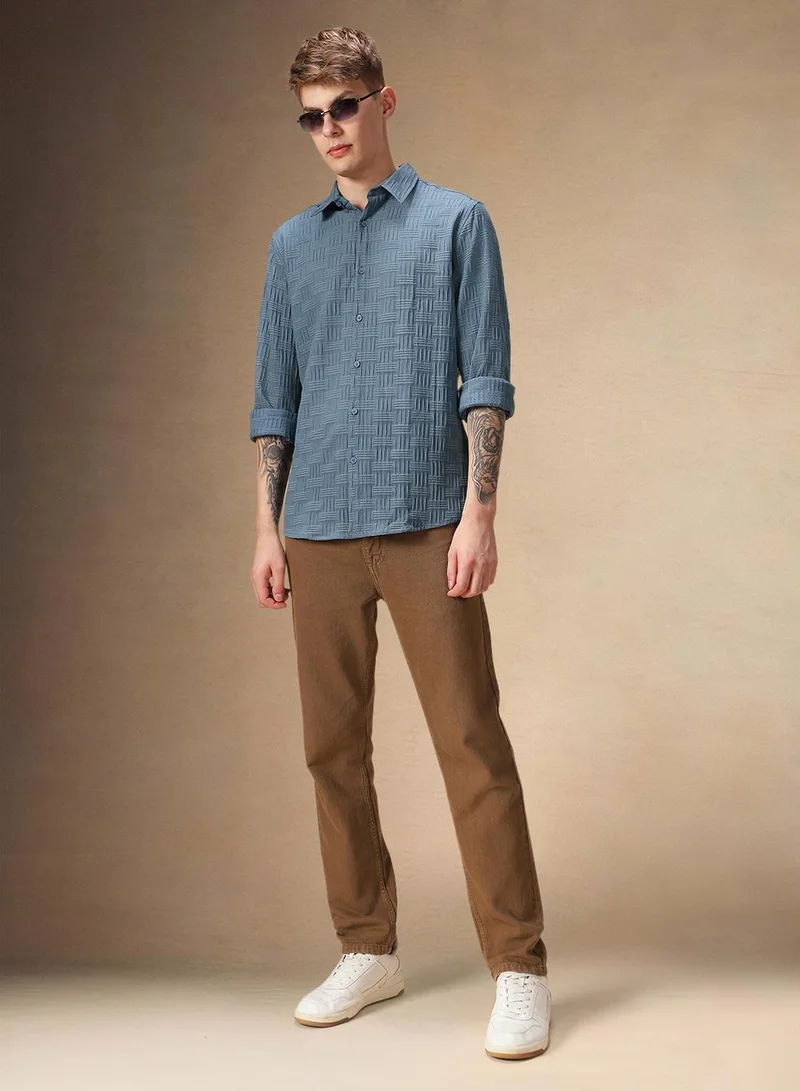 Dennis Lingo Men's Blue Cotton Blend Textured Shirt