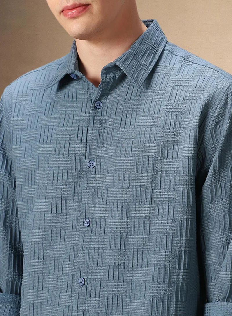 Dennis Lingo Men's Blue Cotton Blend Textured Shirt