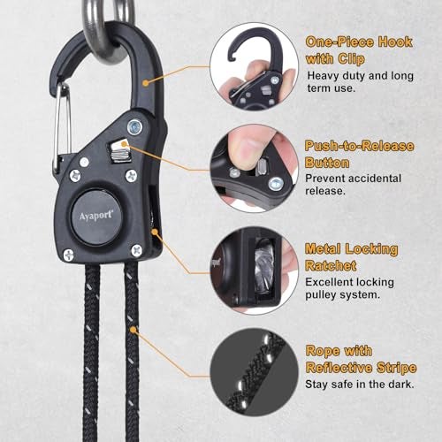 Ayaport Rope Tie Down Ratchet with Carabiner Clip 1/4" x 12' Rope Cord Tightener Heavy Duty Construction Kayak tie Downs for Tent, Tarp, Camping - Image 3
