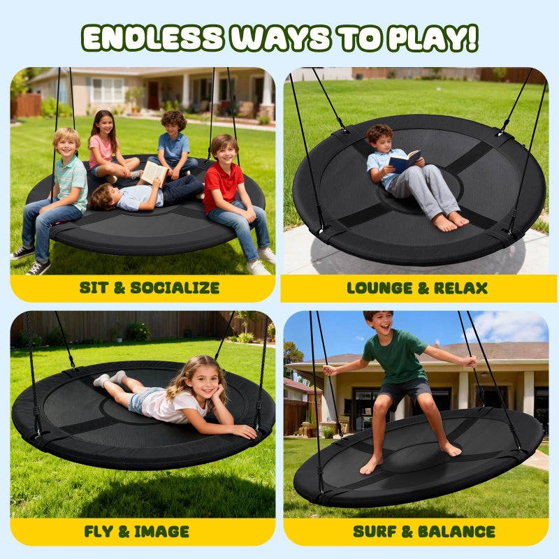 Trekassy 60" Large Saucer Tree Swing for Kids Adults 900D Oxford Waterproof with 2pcs Hanging Straps-Black - Image 4