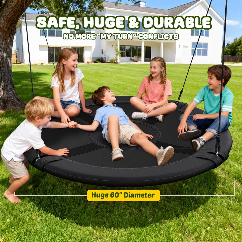 Trekassy 60" Large Saucer Tree Swing for Kids Adults 900D Oxford Waterproof with 2pcs Hanging Straps-Black - Image 2