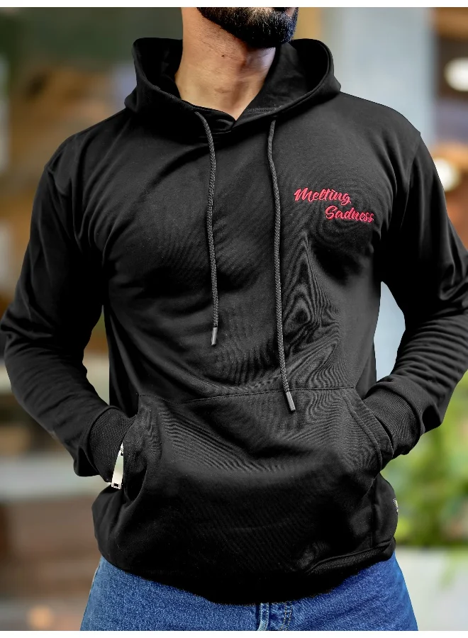 Maniac Mens Printed Hooded Neck Full Sleeve Black Fleece Fleece Oversized Sweatshirt