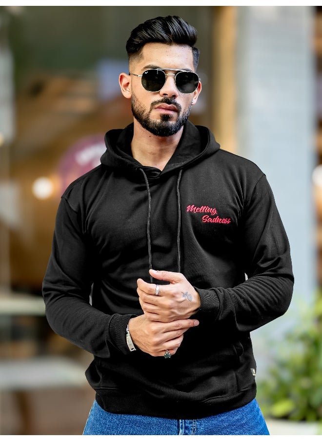 Maniac Mens Printed Hooded Neck Full Sleeve Black Fleece Fleece Oversized Sweatshirt  - Image 3