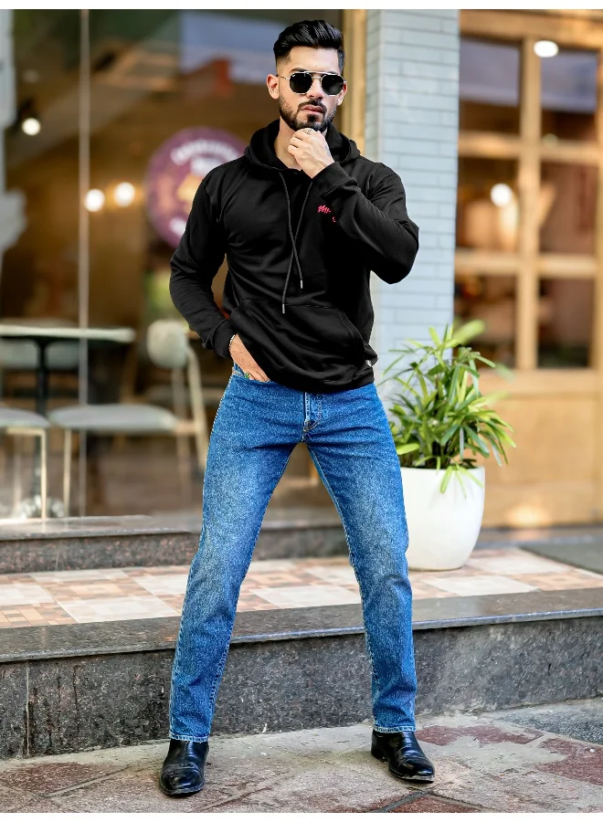 Maniac Mens Printed Hooded Neck Full Sleeve Black Fleece Fleece Oversized Sweatshirt