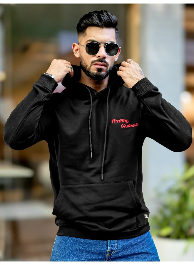 مانياك Mens Printed Hooded Neck Full Sleeve Black Fleece Fleece Oversized Sweatshirt