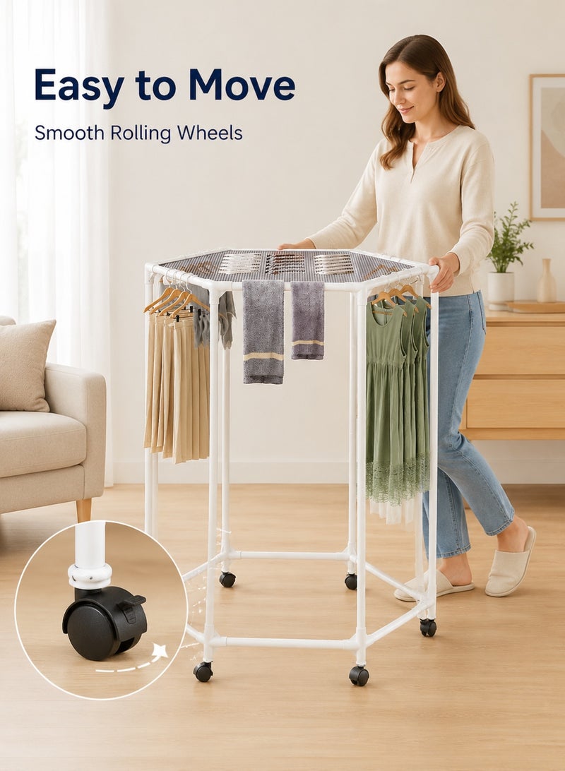 GOOGO Clothes Rack with Wheels, Hexagonal Rolling Clothing Rack for Hanging Clothes, Clothes Drying Rack, Garment Storage for Bedroom, Laundry, Balcony - Image 4